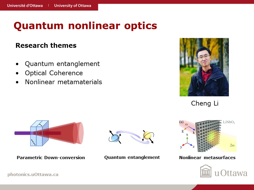 Cheng Li, gradaute student in Robert Boyd's Quantum Nonlinear Optics Research group focuses on Quantum entanglement, optical coherece, and nonlinear metamaterials.